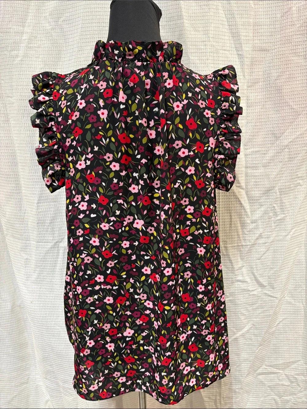 kate spade Black Floral Ruffle-Yoke Dress with Pink and Red Blooms